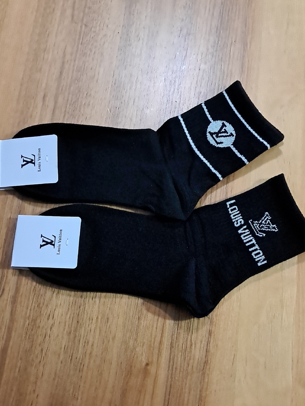 Louis Vuitton Black Crew Socks with White Logo Trim